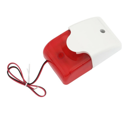 Sirene eletrónica branca e vermelha com fios pretos e vermelhos