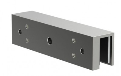 Suporte metálico retangular cinzento com orifícios e canto em U