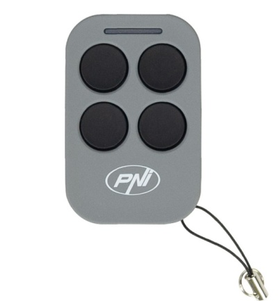 Comando remoto preto e cinzento com quatro botões redondos e cordão preto