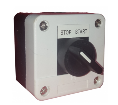 Interruptor Start Stop em caixa branca com botão preto