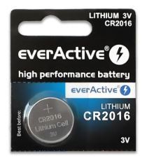 Pacote de bateria CR2016 everActive preta e azul com texto e símbolo de raio