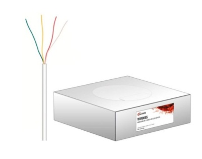 Rolo de cabo elétrico branco com quatro fios coloridos e caixa branca com etiqueta