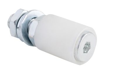 Rolamento deslizante cilíndrico branco com extremidades metálicas prateadas e porca sextavada