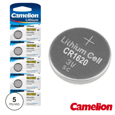 Pacote de 5 pilhas de lítio CR1620 3V da Camelion com embalagem azul e branca