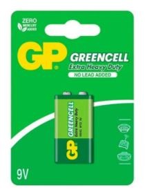 Pilhas GP Greencell Extra Heavy Duty 9V verde e amarelo em embalagem verde