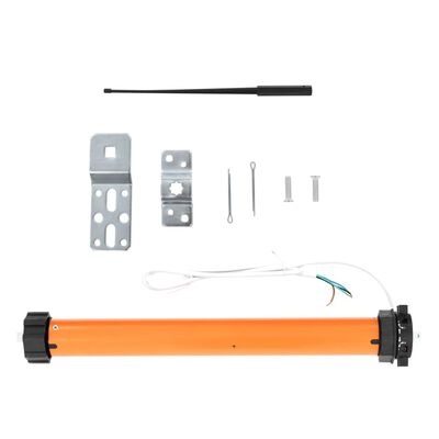 Equipamento automático com tubo laranja, peças metálicas, pinos e antena negra