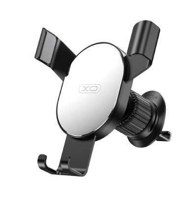Suporte para telemóvel de carro preto com centro cromado e texto XO