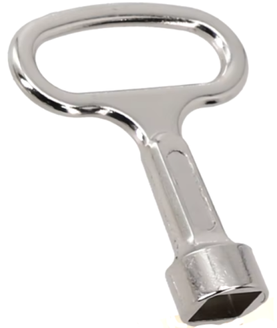 Chave metálica prateada com punho oval e cabeça quadrada