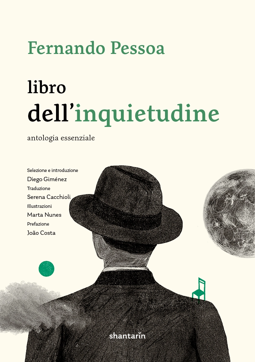 Libro dell'inquietudine. Antologia essenziale Book cover with drawing of man in black suit and hat, green chair, green dot, gray moon, and Italian text