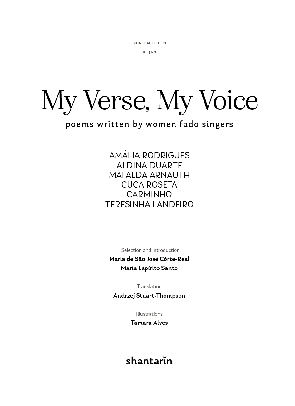 My Verse, My Voice Title page of a bilingual book My Verse, My Voice with names of women fado singers and credits on white background