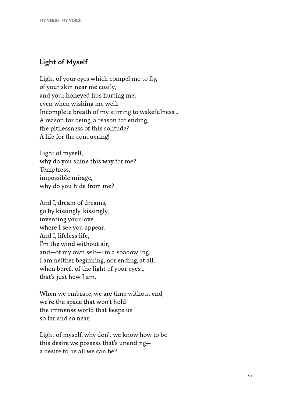 My Verse, My Voice Book page with poem titled Light of Myself and page number 91