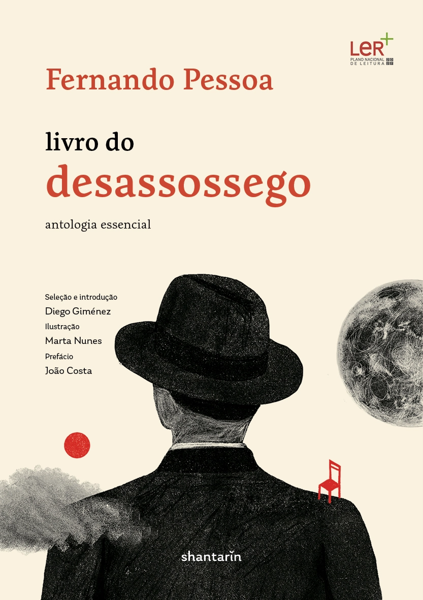 Livro do Desassossego. Antologia Essencial Book cover of livro do desassossego by Fernando Pessoa with black suit man, red dot, red chair, and moon illustration