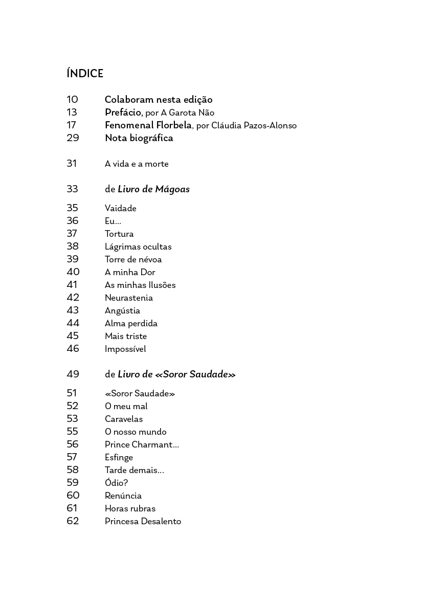 Alma e sangue e vida em mim Table of contents page in Portuguese with chapters and page numbers