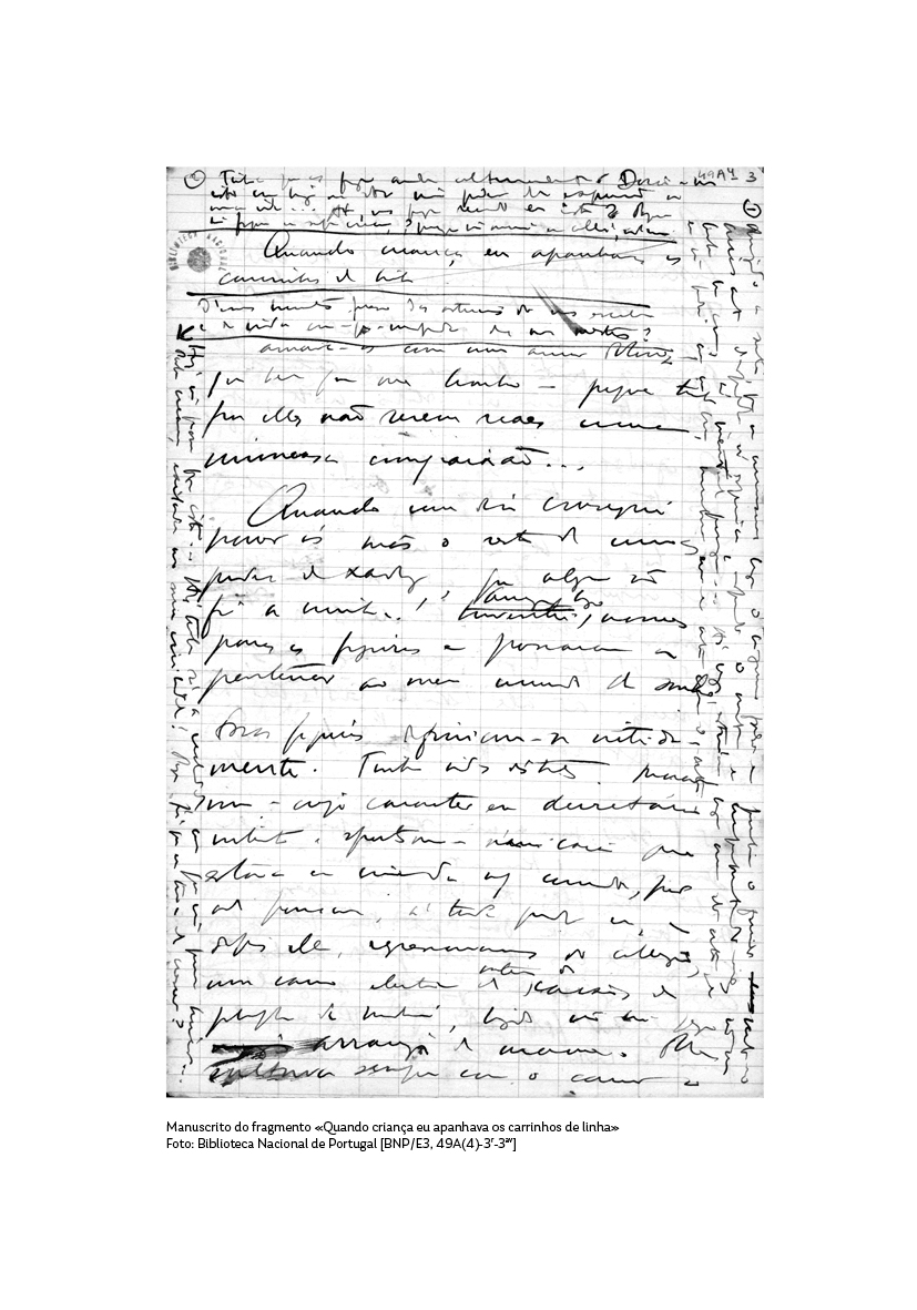 Livro do Desassossego. Antologia Essencial Página manuscrita em papel pautado com escrita cursiva e várias correções.