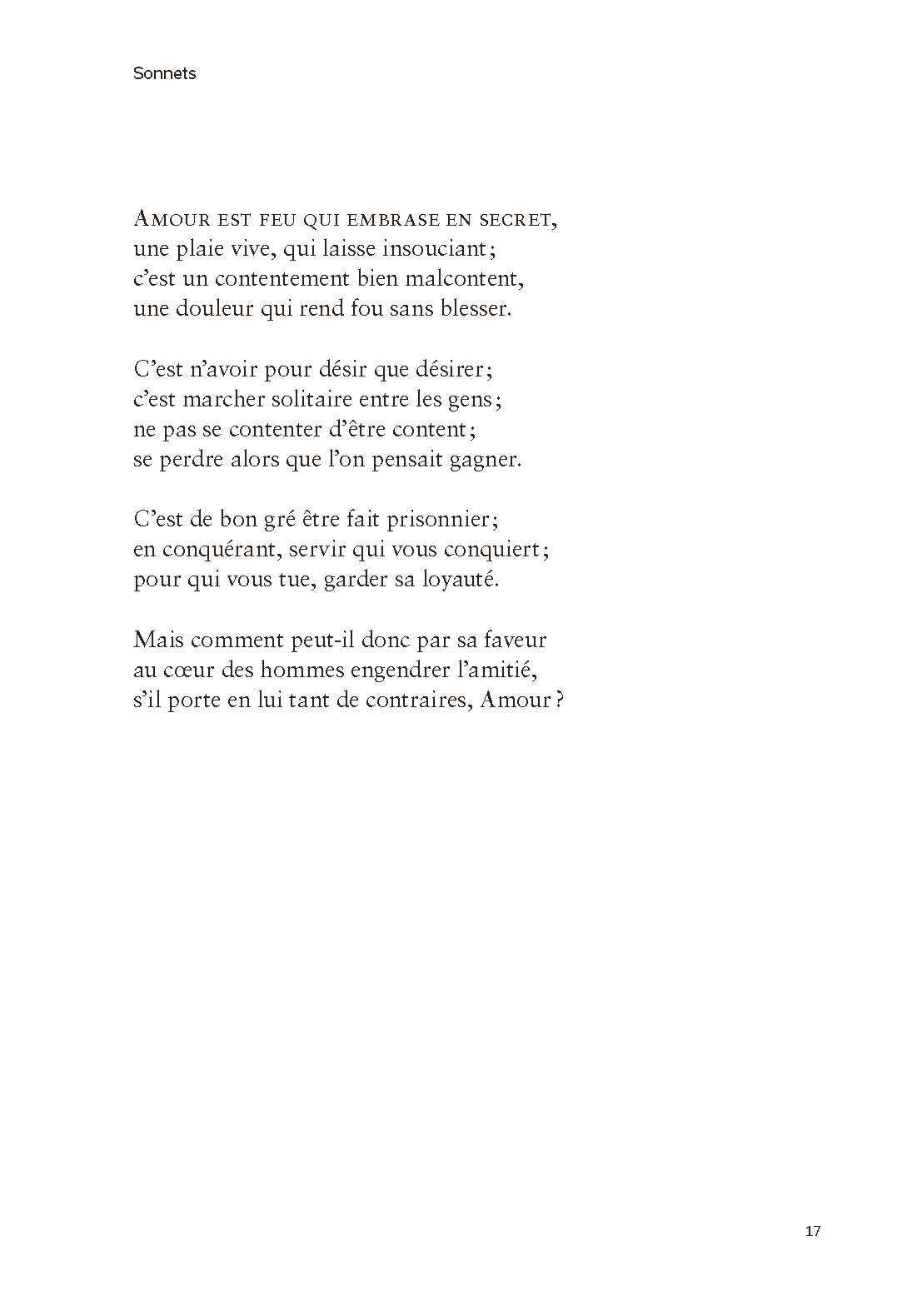 Poètes de Lisbonne. Camões, Cesário, Sá-Carneiro, Florbela, Pessoa Página de livro com soneto em francês e número da página 17