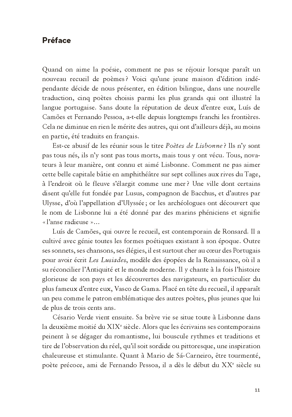 Poètes de Lisbonne. Camões, Cesário, Sá-Carneiro, Florbela, Pessoa Página de livro com texto em francês e título Préface