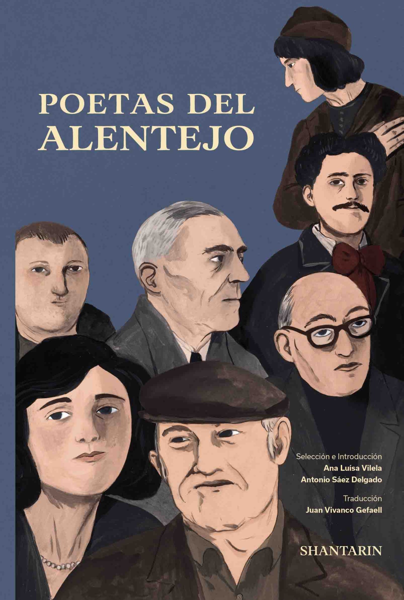 Poetas del Alentejo Capa de livro 'POETAS DEL ALENTEJO' com ilustrações de sete pessoas em fundo azul