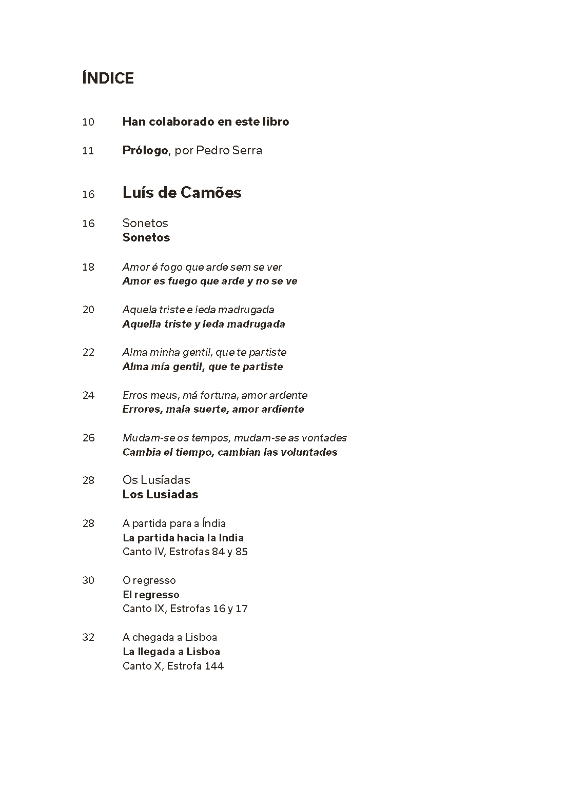Poetas de Lisboa. Camões, Cesário, Sá-Carneiro, Florbela, Pessoa Página de índice de livro com texto em português e espanhol