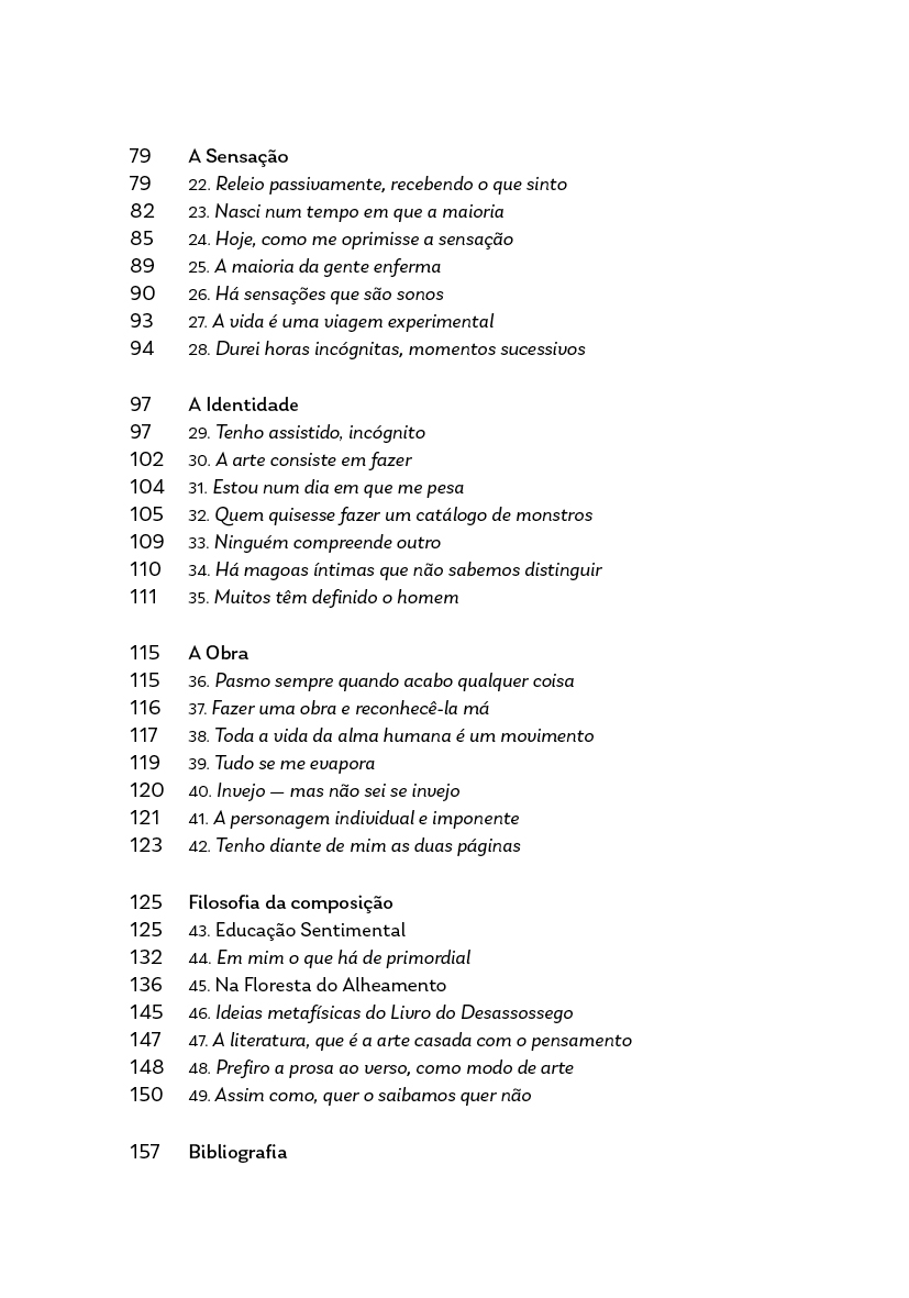 Livro do Desassossego. Antologia Essencial Página de livro com lista de capítulos e títulos em português europeu.