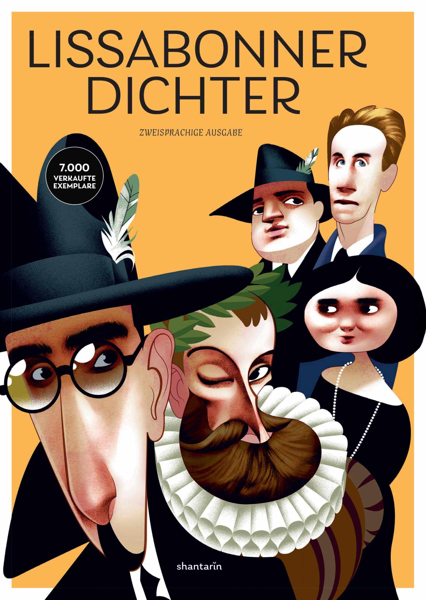 Lissabonner Dichter. Camões, Cesário, Sá-Carneiro, Florbela, Pessoa Capa de livro laranja com texto e ilustrações caricaturais de cinco pessoas