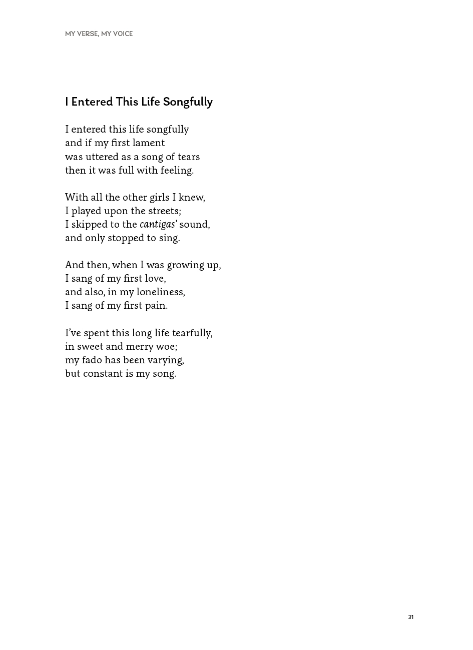 My Verse, My Voice Book page with poem titled I Entered This Life Songfully