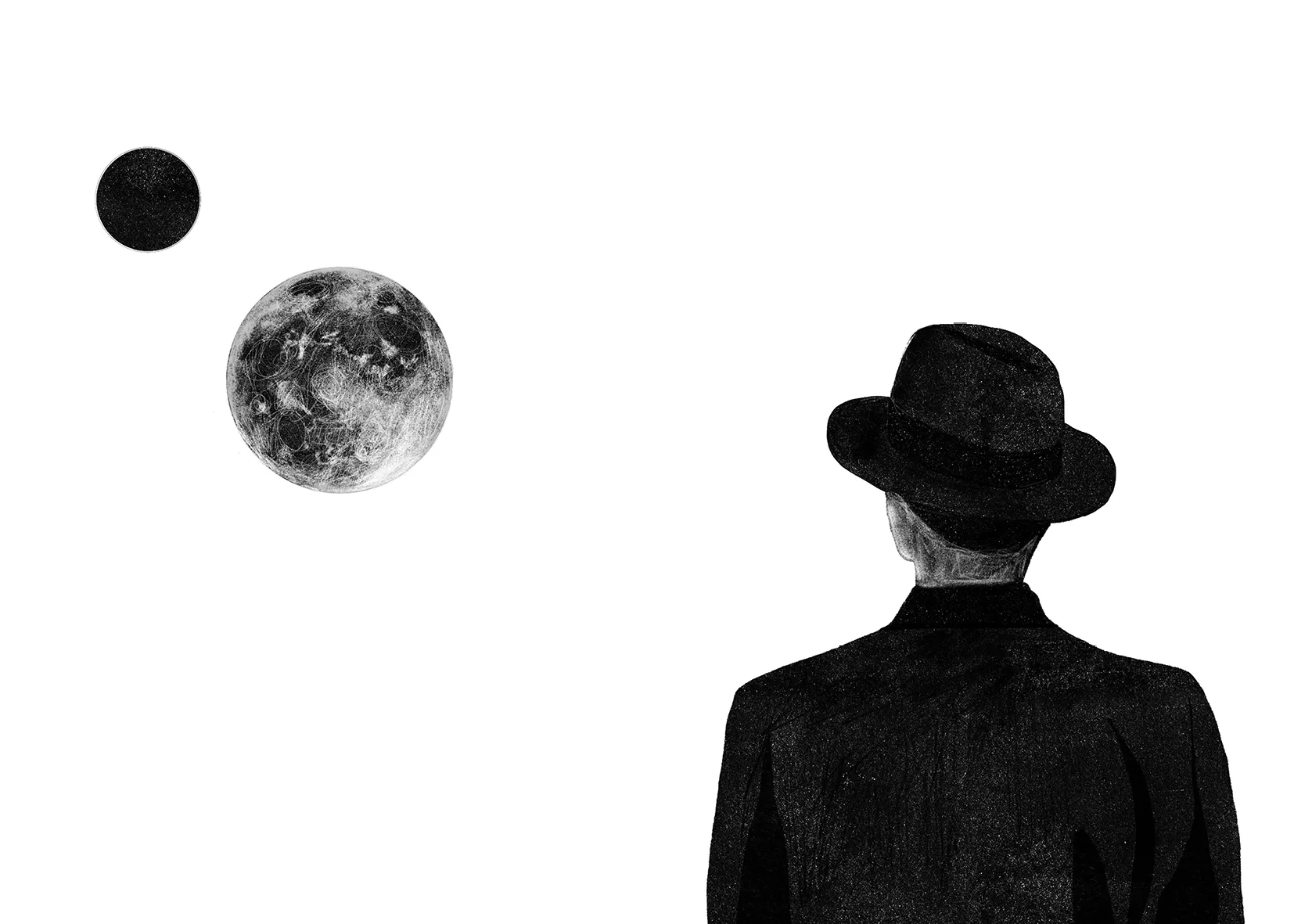 Libro del desasosiego. Antología esencial Illustration of Fernando Pessoa in a hat looking at moons, from Libro del desasosiego