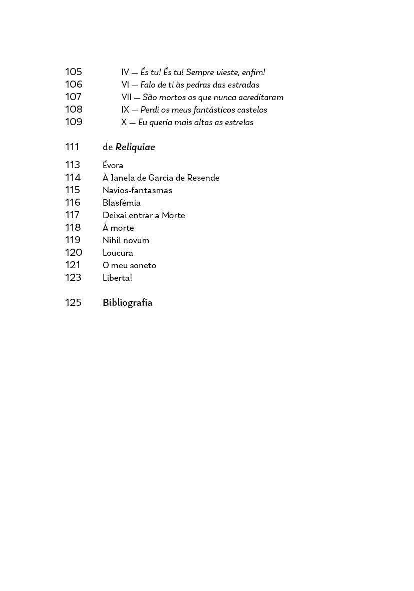 Alma e sangue e vida em mim Page with a table of contents or index listing numbered sections and titles in Portuguese.