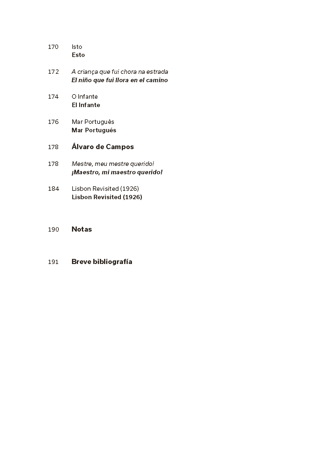 Poetas de Lisboa. Camões, Cesário, Sá-Carneiro, Florbela, Pessoa Página de livro com texto em português e espanhol, números de página e títulos em negrito