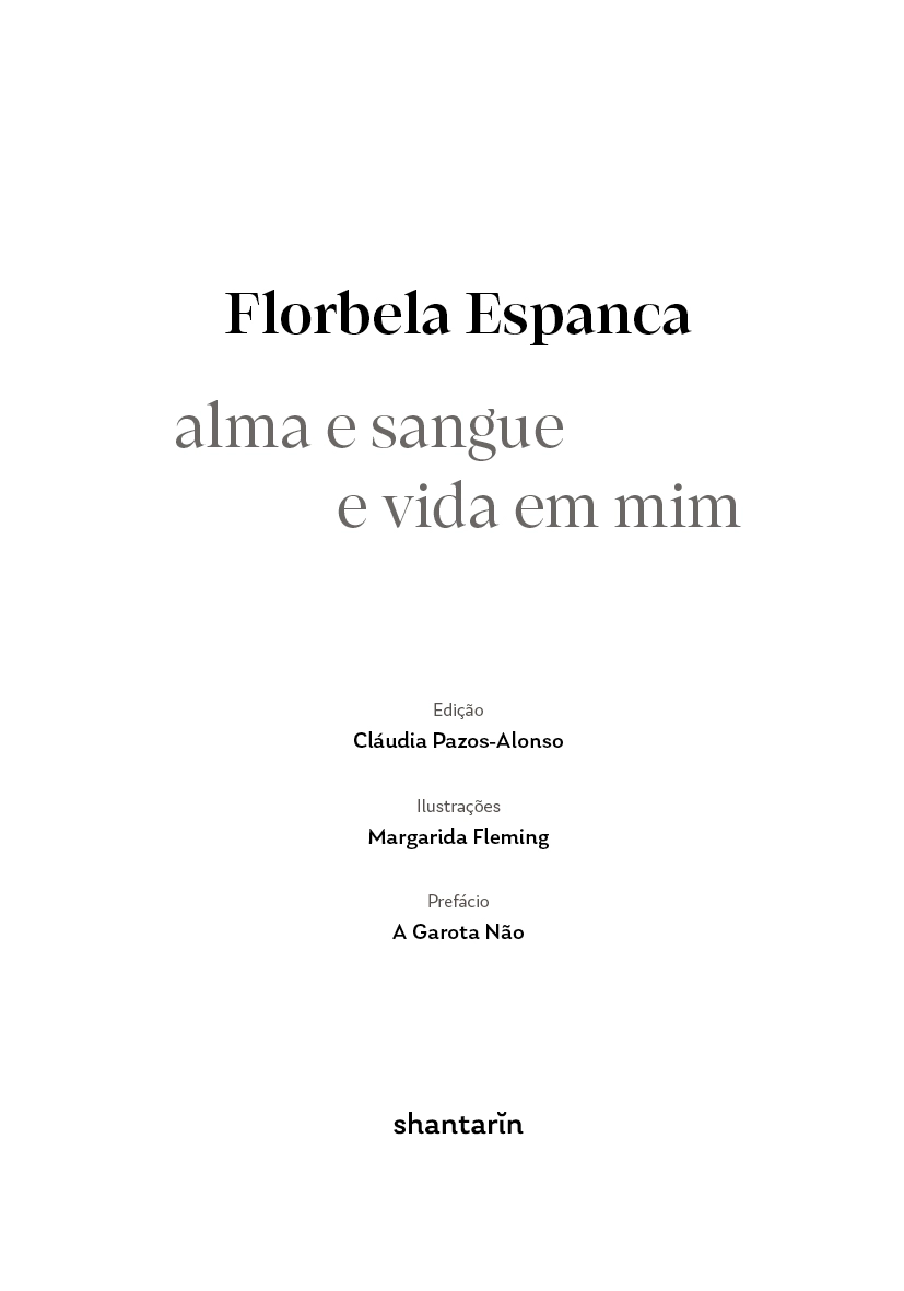 Alma e sangue e vida em mim Book title page with Portuguese text and author info on white background
