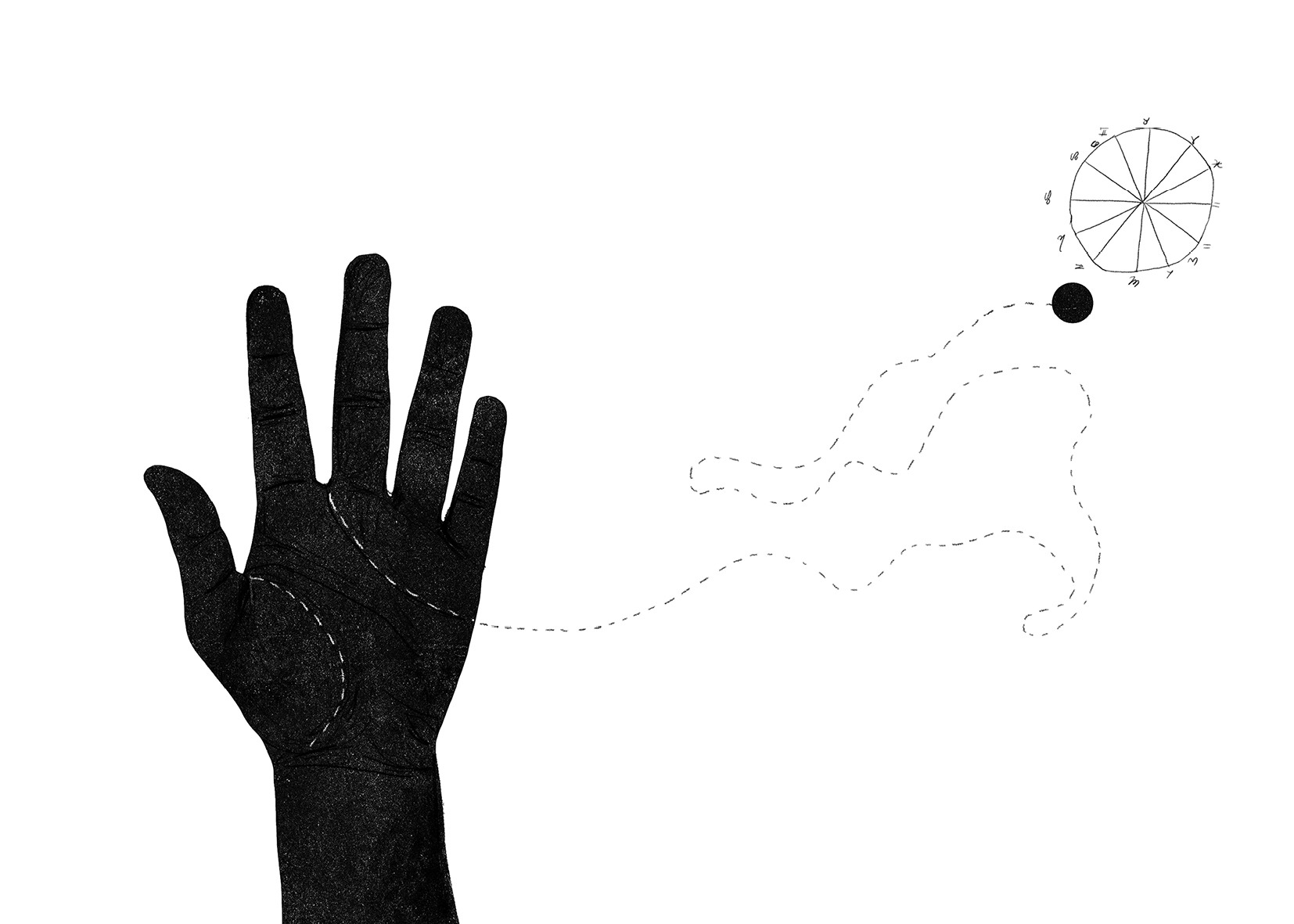 Livro do Desassossego. Antologia Essencial Luva preta com linhas tracejadas e círculo numerado ao fundo