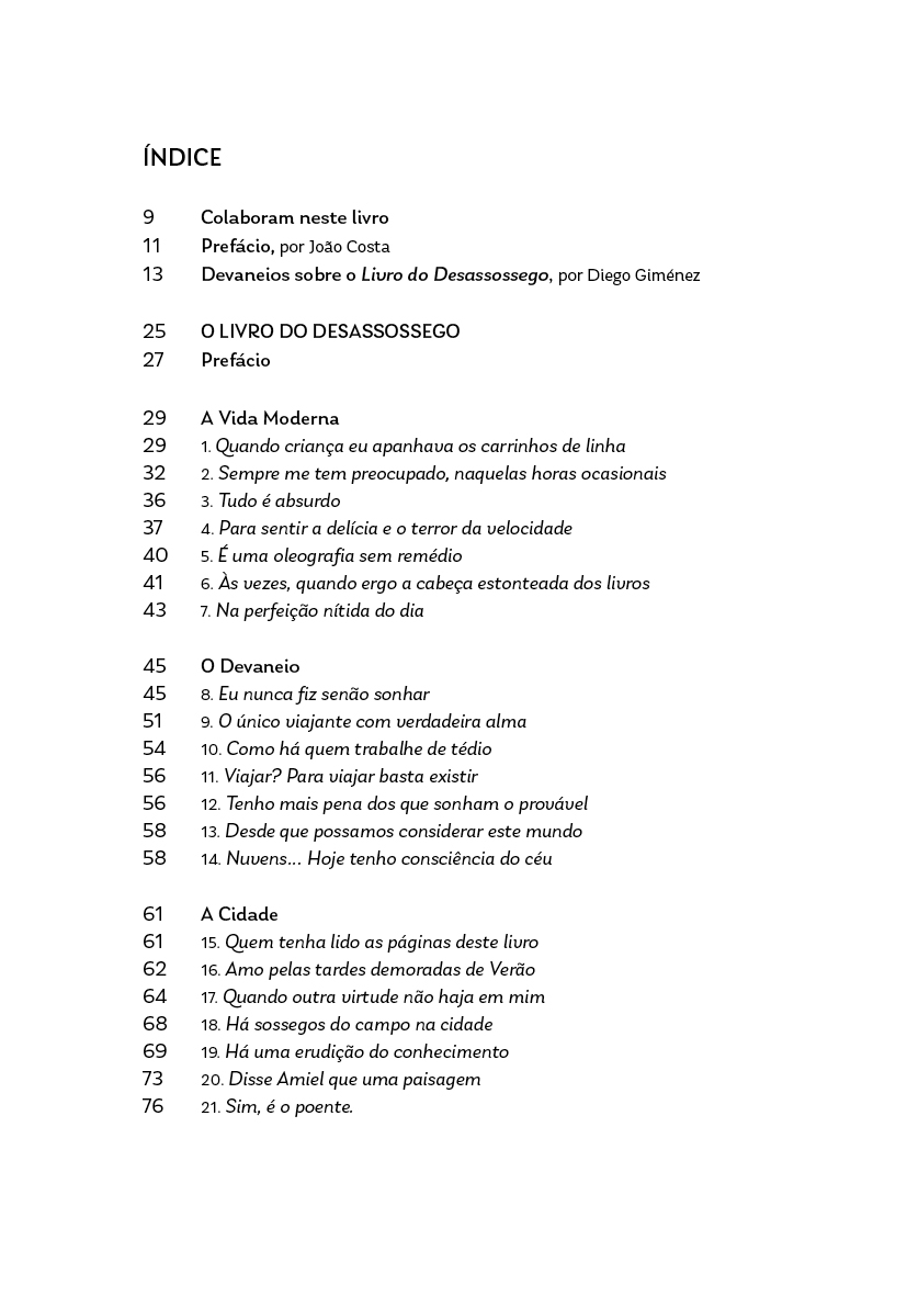 Livro do Desassossego. Antologia Essencial Índice do livro em português com capítulos e números de página.