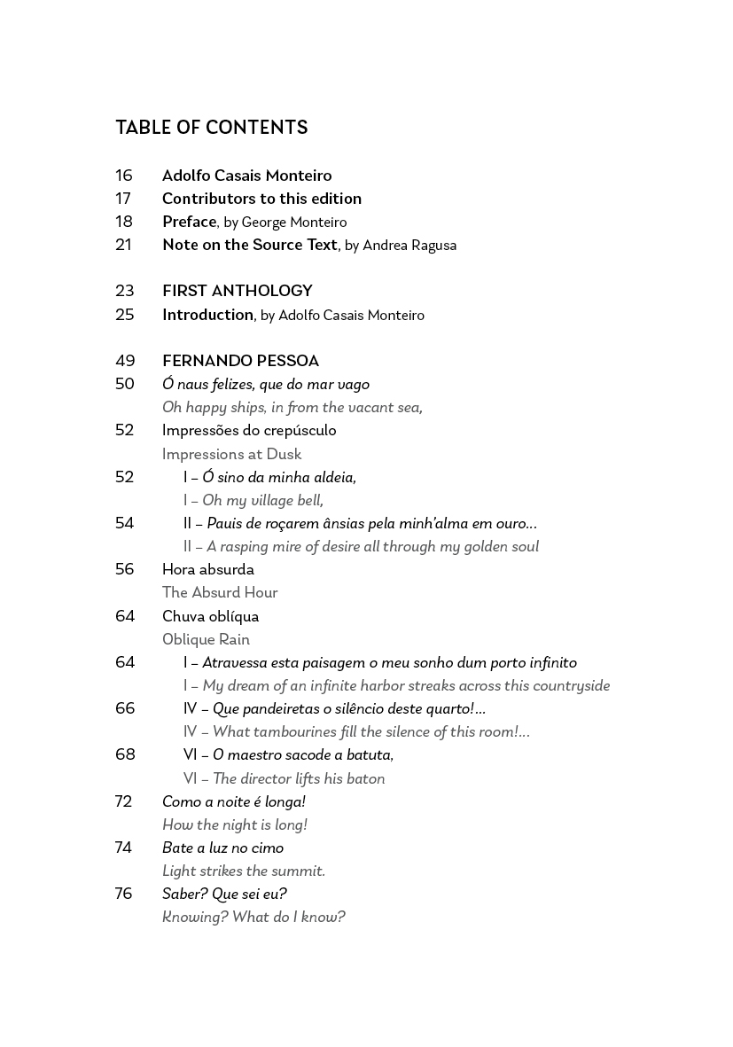 First Anthology Página de índice de livro com títulos de poemas e autores