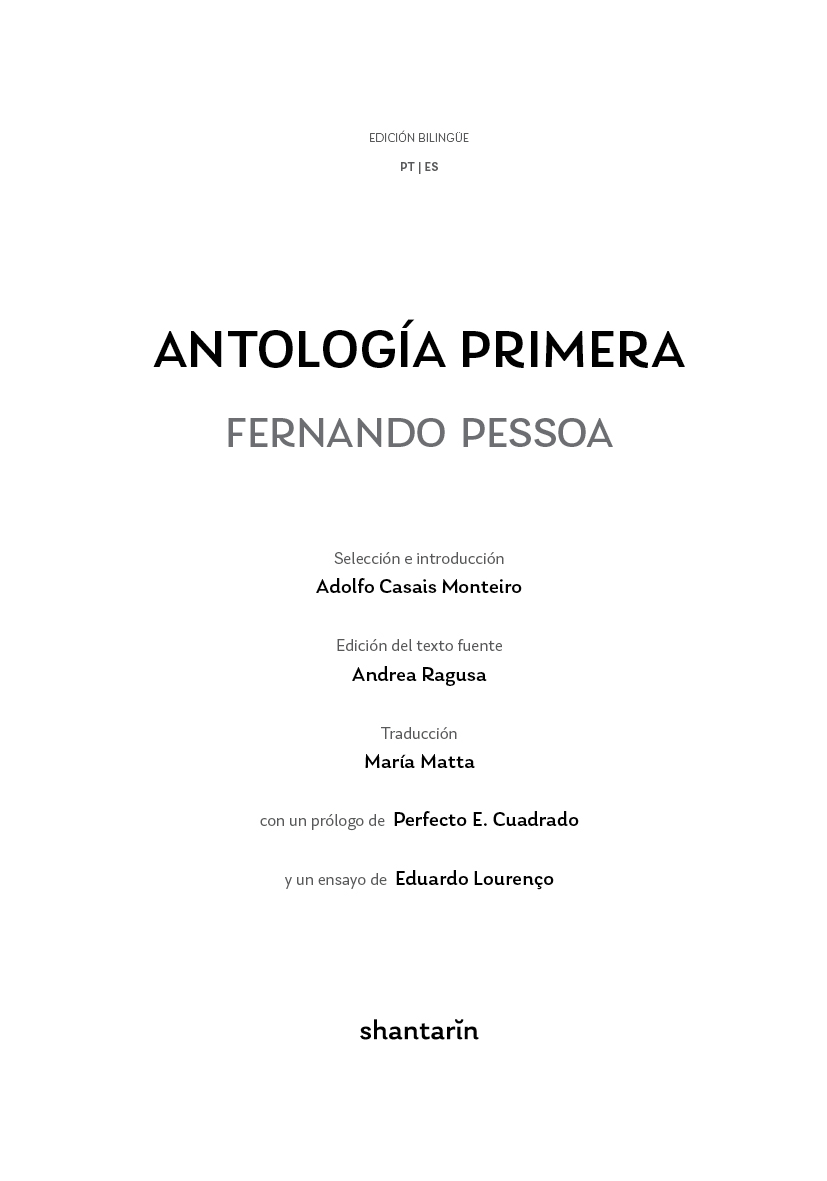 Antología Primera Página de título do livro 'Antología Primera Fernando Pessoa' com nomes de colaboradores e editora