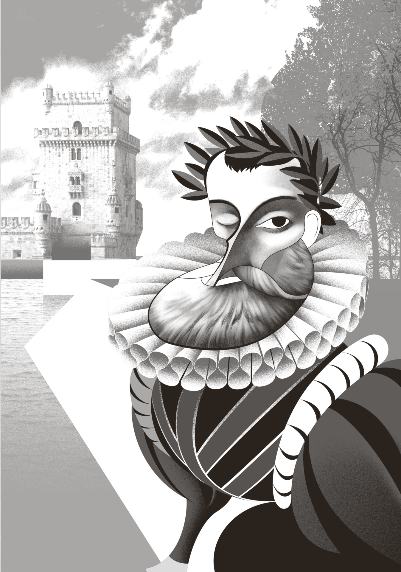 Poetas de Lisboa. Camões, Cesário, Sá-Carneiro, Florbela, Pessoa Figura renascentista em ilustração digital com a Torre de Belém ao fundo