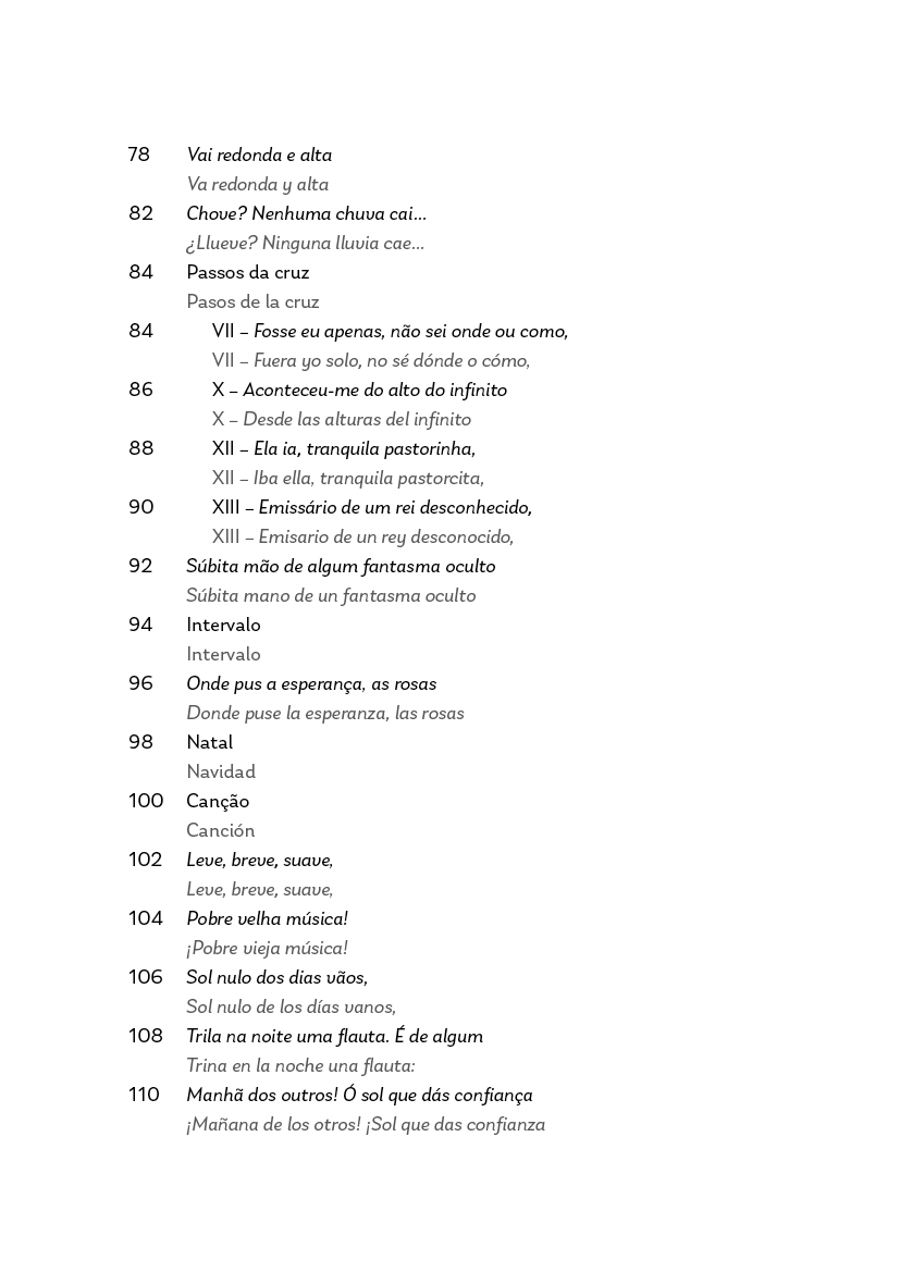 Antología Primera Página de texto impresso em português e espanhol com títulos e números