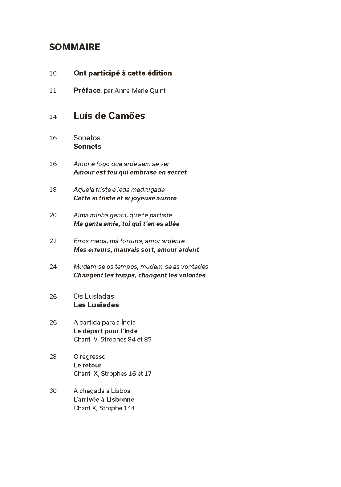 Poètes de Lisbonne. Camões, Cesário, Sá-Carneiro, Florbela, Pessoa Página de sumário com texto em francês e português