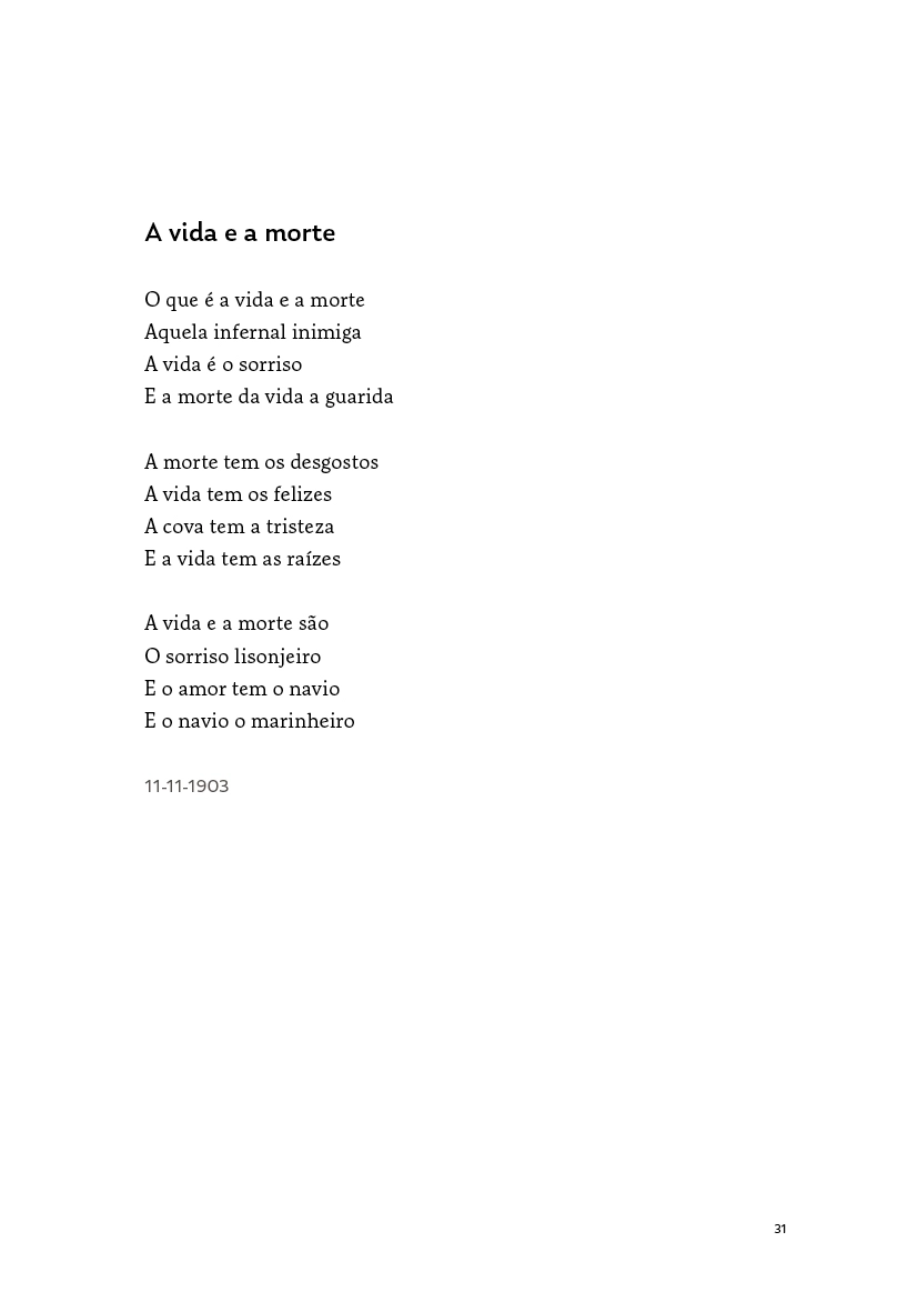 Alma e sangue e vida em mim Printed poem titled A vida e a morte in Portuguese with date 11-11-1903 and page number 31.