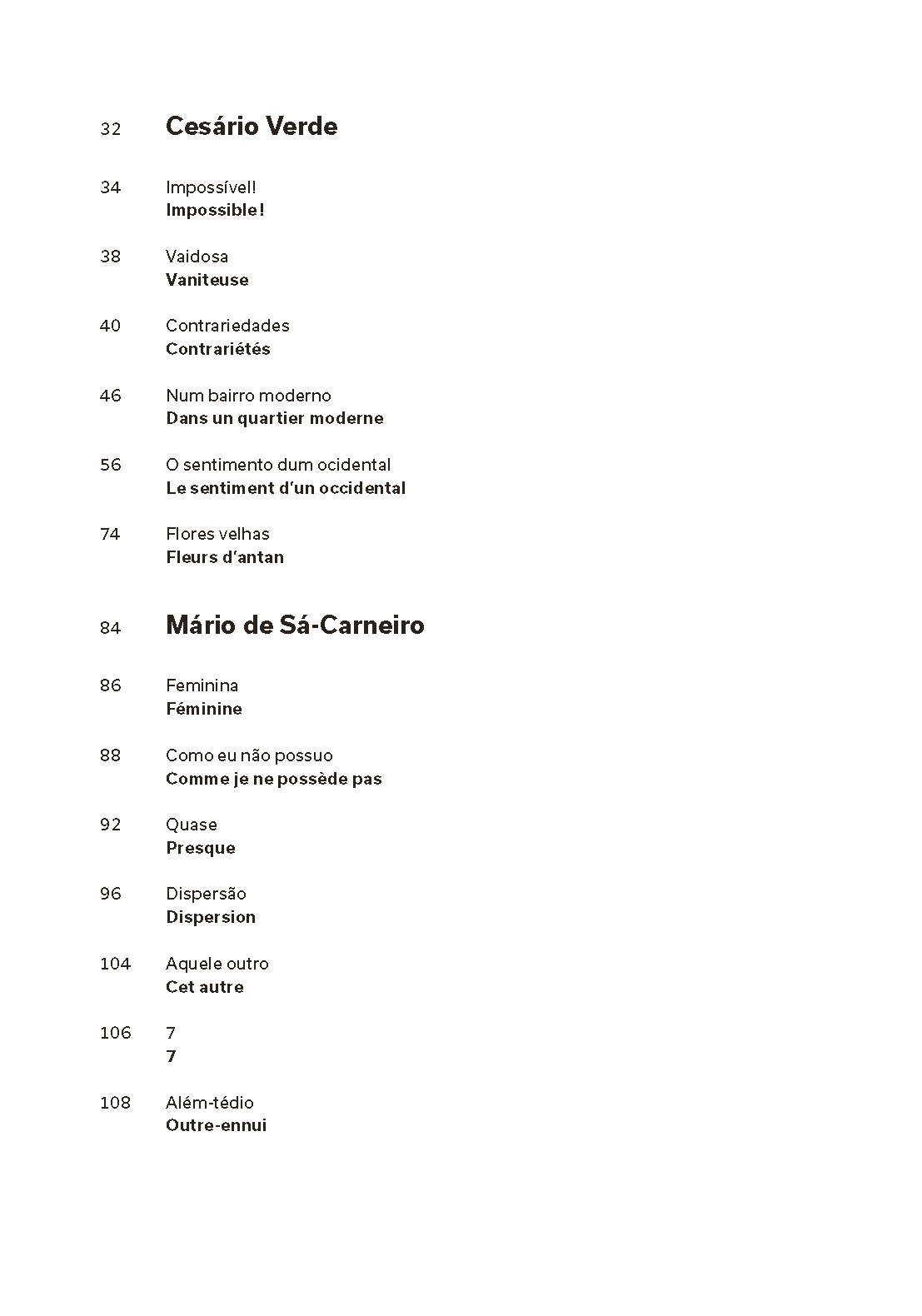 Poètes de Lisbonne. Camões, Cesário, Sá-Carneiro, Florbela, Pessoa Página de índice com nomes de autores e títulos de poemas em português e francês