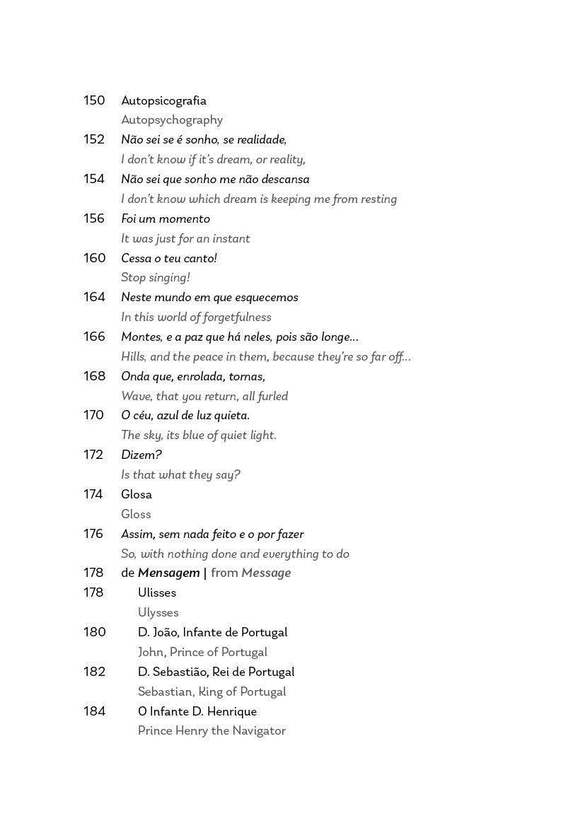 First Anthology Página de livro com texto bilíngue em português e inglês, linhas numeradas de 150 a 184.