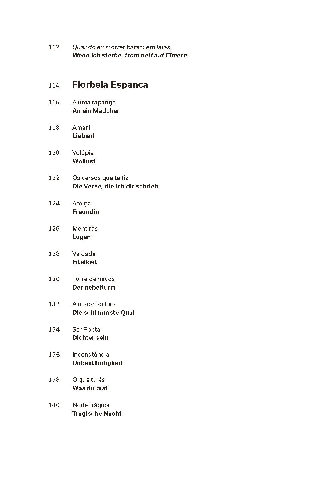 Lissabonner Dichter. Camões, Cesário, Sá-Carneiro, Florbela, Pessoa Página de livro com textos em português e alemão, títulos e temas listados