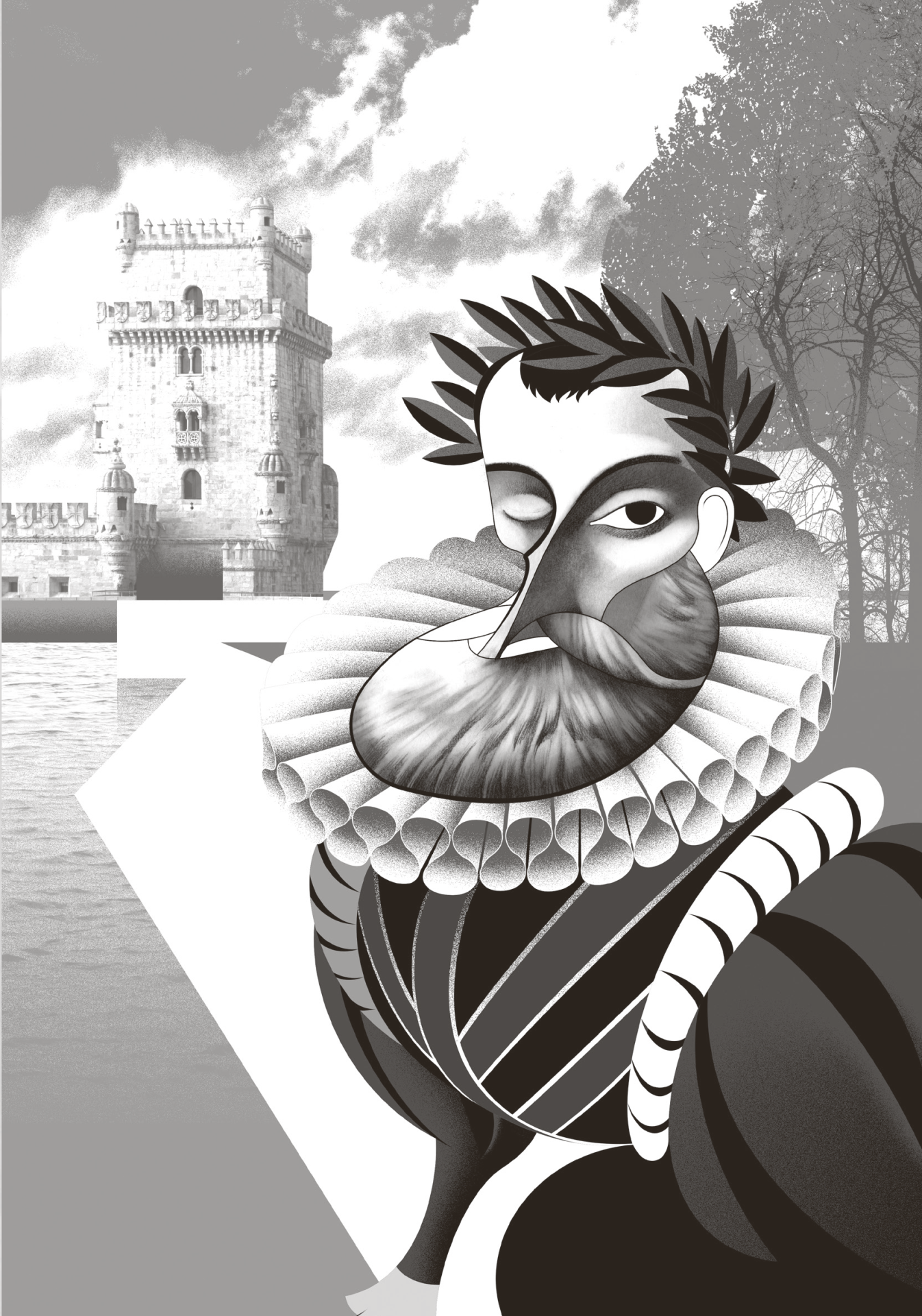 Lissabonner Dichter. Camões, Cesário, Sá-Carneiro, Florbela, Pessoa Ilustração renascentista em tons de cinza com cenário medieval