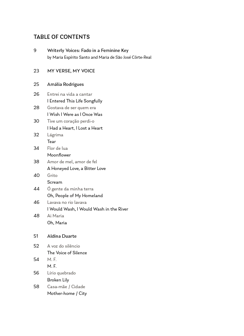 My Verse, My Voice Table of Contents page with bilingual literary titles and authors.