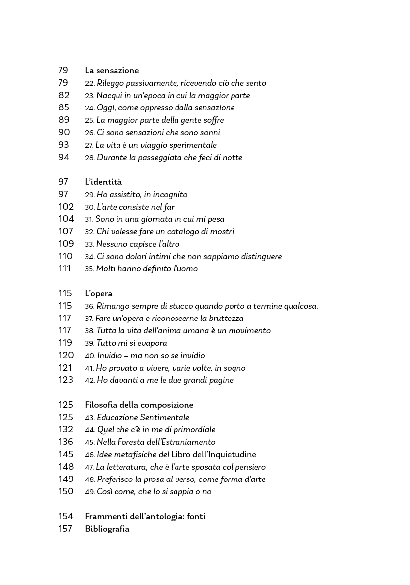 Libro dell'inquietudine. Antologia essenziale Printed Italian table of contents with numbered sections and titles on white page