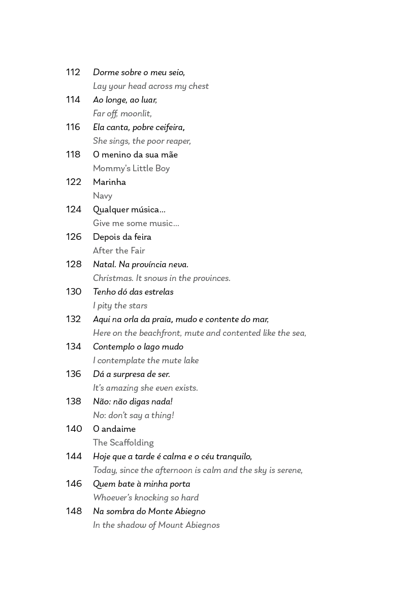 First Anthology Página de livro com lista numerada de títulos em português e inglês