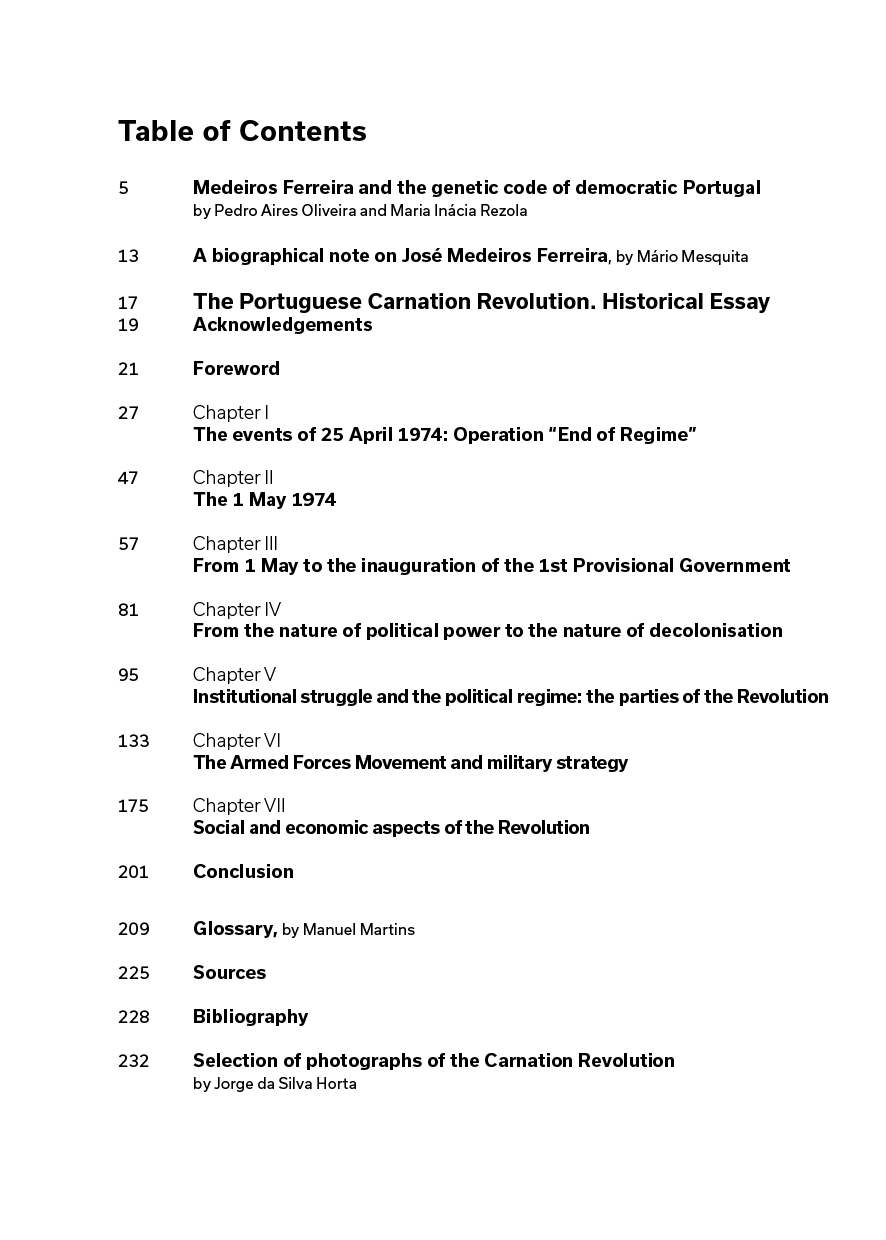 The Portuguese Carnation Revolution. Historical Essay Índice de livro com títulos dos capítulos sobre a Revolução dos Cravos em português.