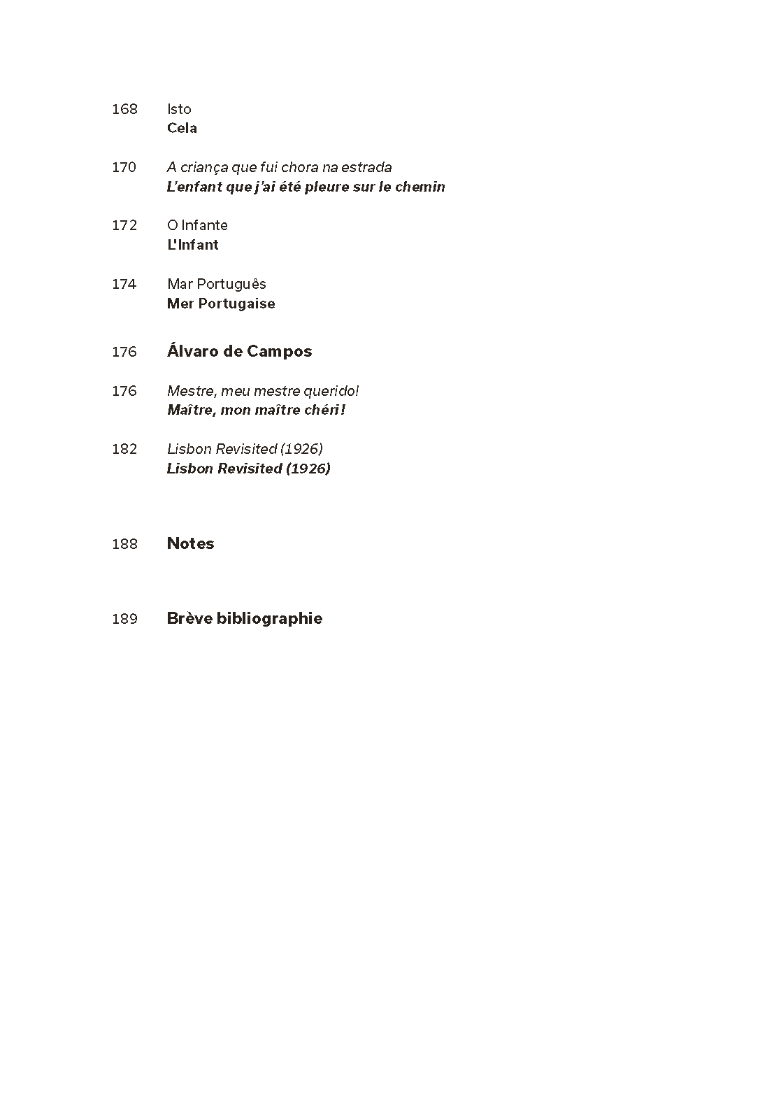 Poètes de Lisbonne. Camões, Cesário, Sá-Carneiro, Florbela, Pessoa Página de livro com texto em português e francês incluindo títulos e seções de notas.