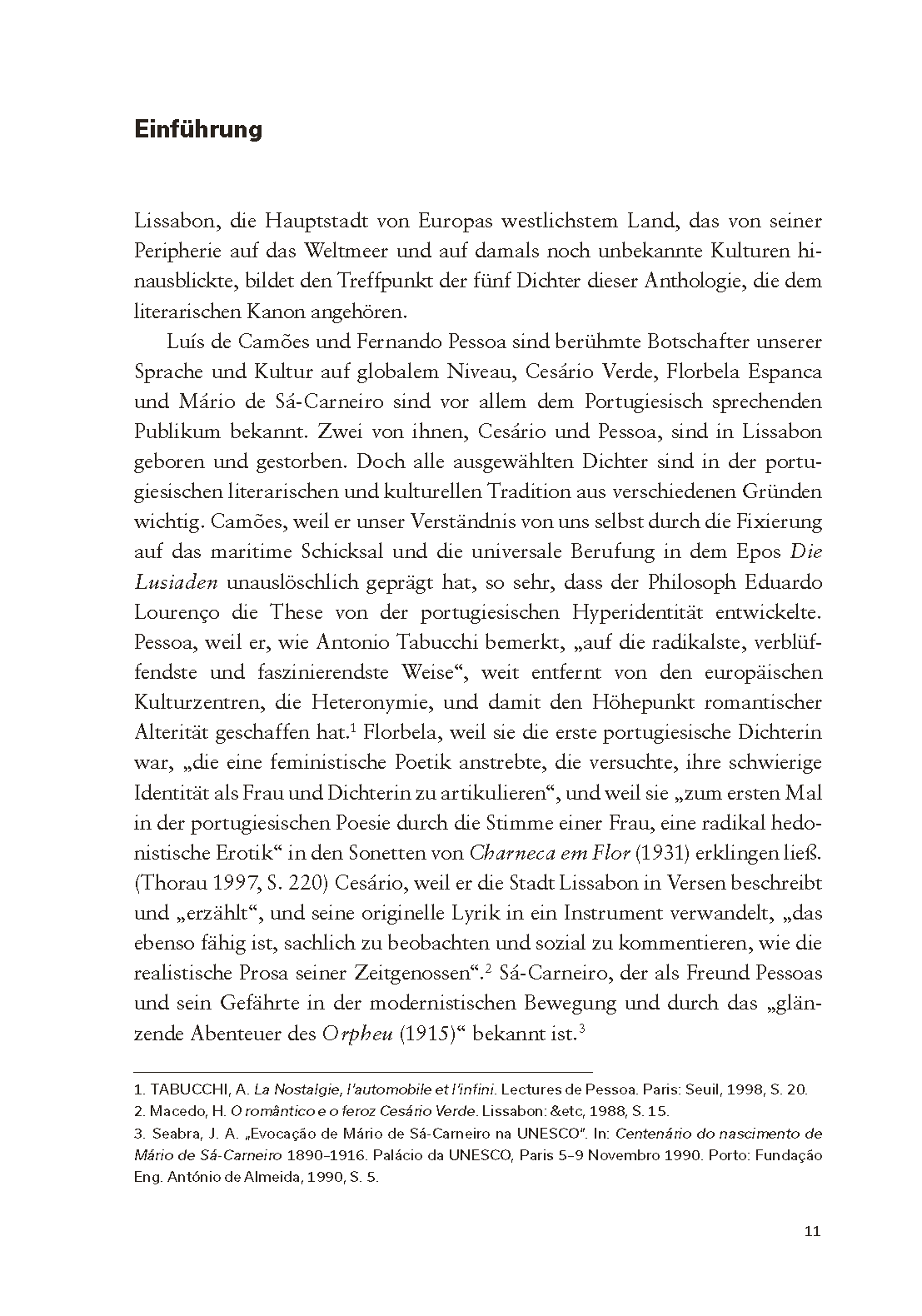 Lissabonner Dichter. Camões, Cesário, Sá-Carneiro, Florbela, Pessoa Página de livro em alemão com título 'Einführung' e texto corrido