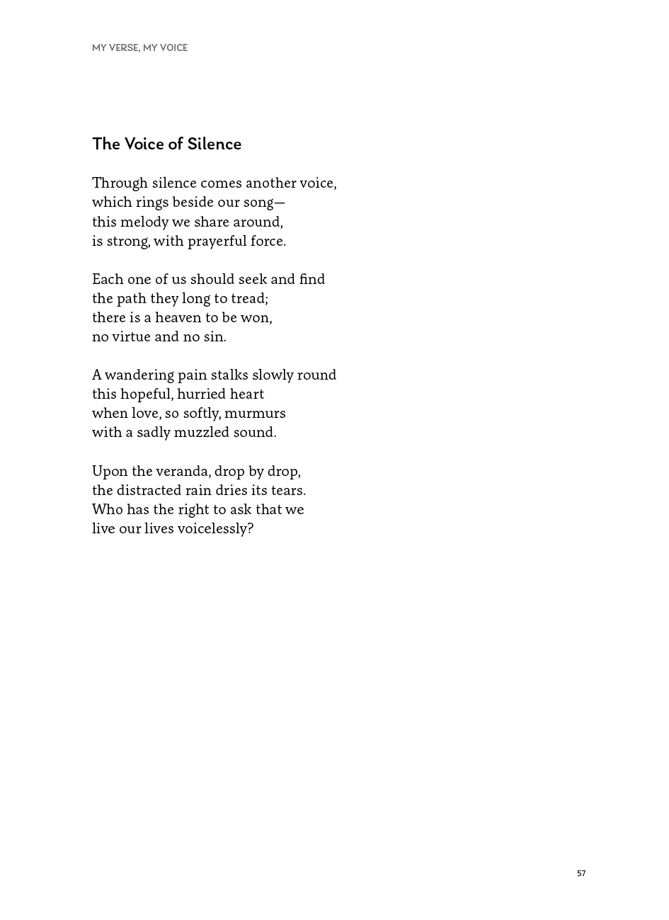 My Verse, My Voice White page with the poem The Voice of Silence titled MY VERSE, MY VOICE and page number 57