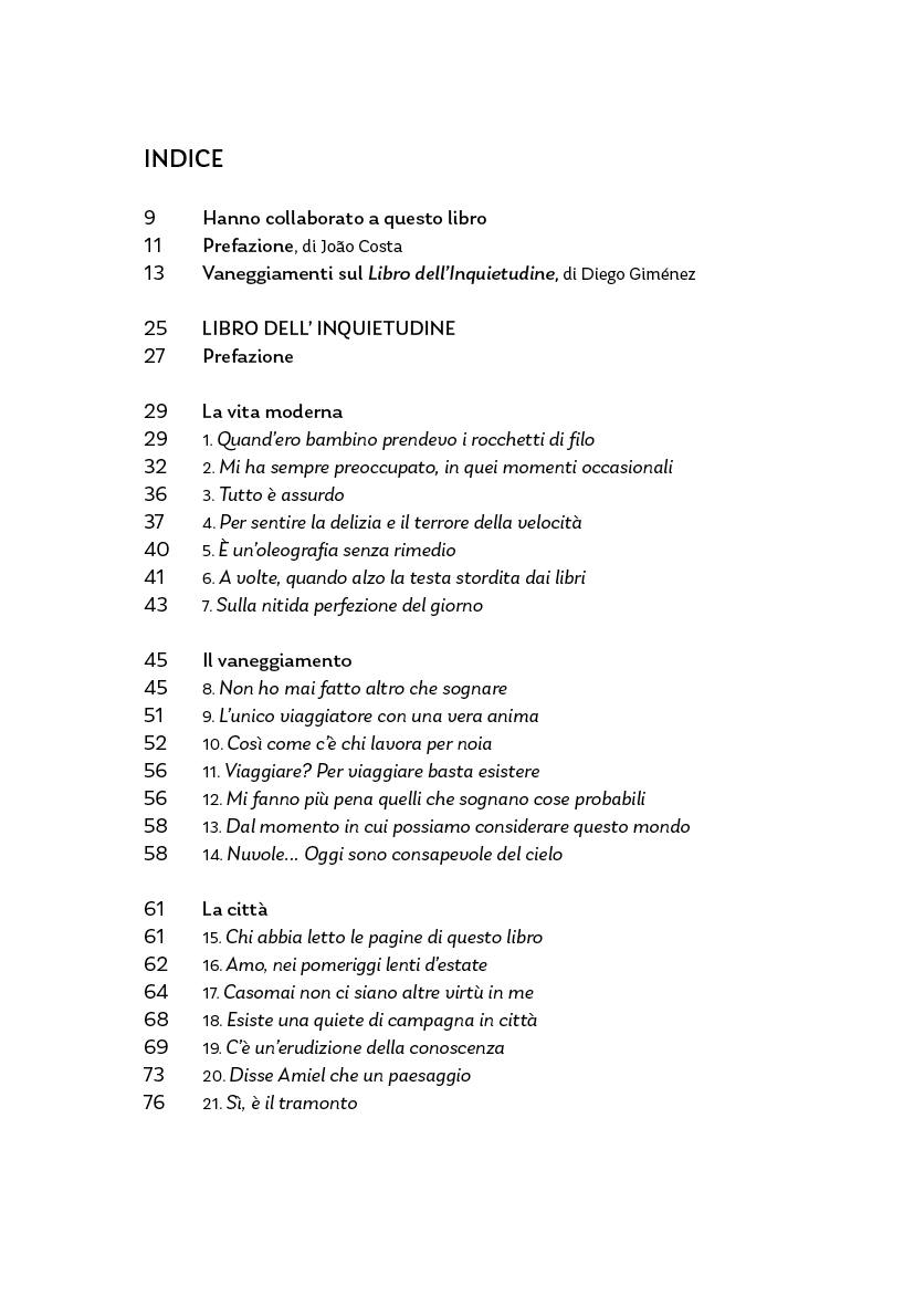 Libro dell'inquietudine. Antologia essenziale Table of contents page in Italian with book chapter titles and page numbers