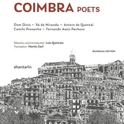 Capa de livro Five Coimbra Poets com ilustração de cidade e texto